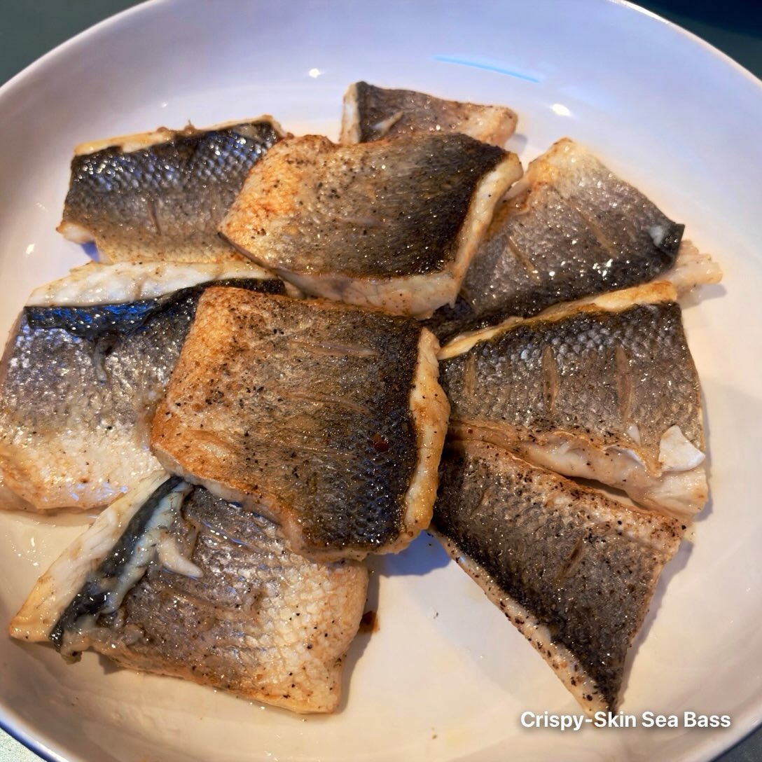Crispy-skin sea bass: a dish learned at Le Cordon Bleu. My kids love this dish. If you buy fish fillets instead of fille